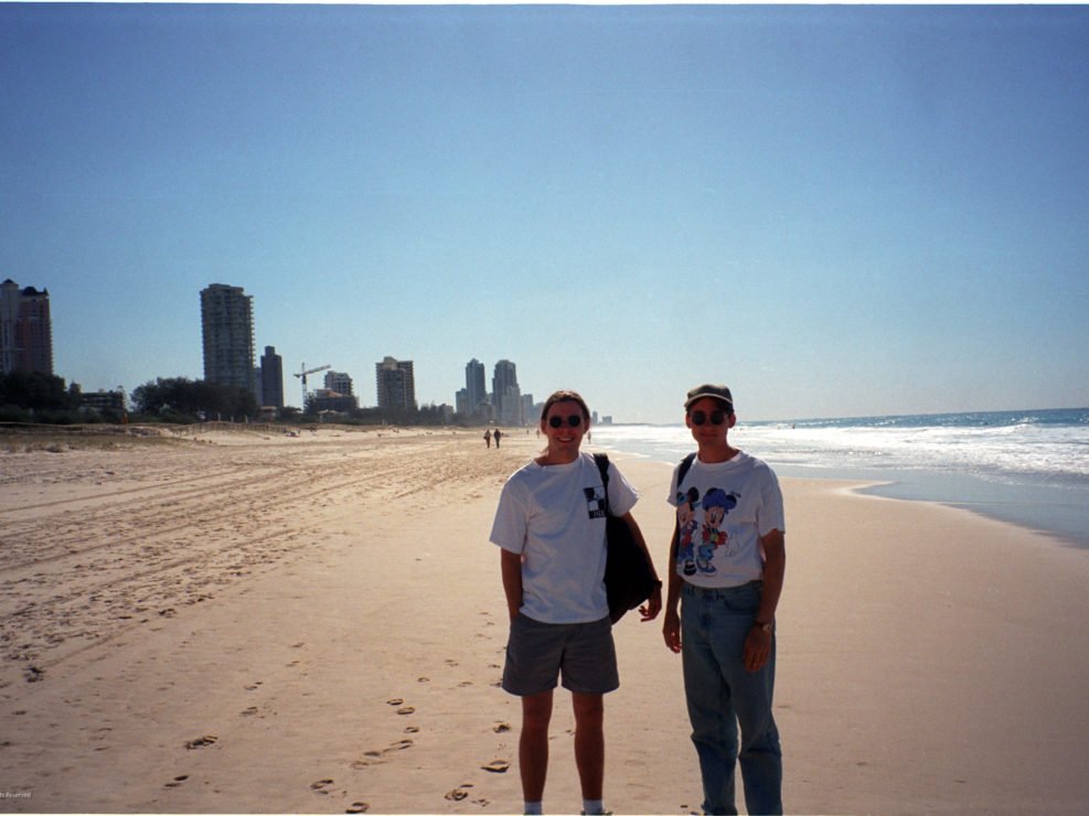 Don and Andy on the beach near Brisbane, Australia