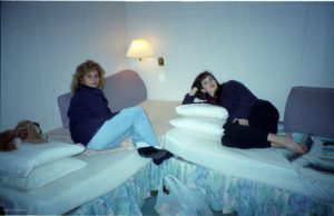 Sophie and Jen in a cabin